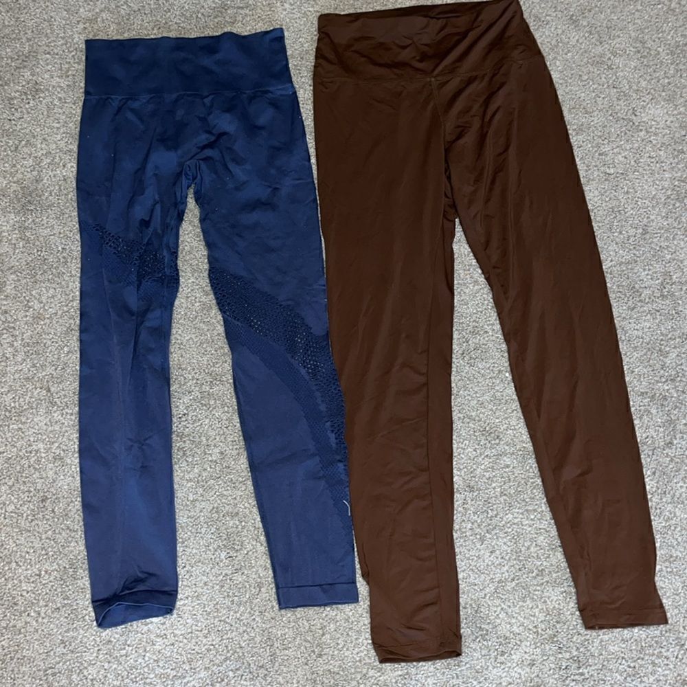 2 Blue & Brown maternity? stomach panel stretch leggings pants M
